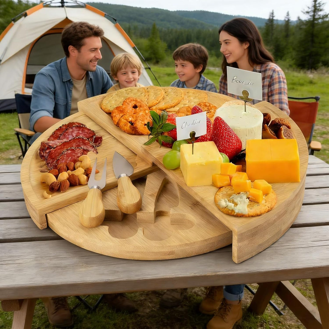 Bambus Käsebrett Set Runde Charcuterie Board, Käseplatte Gross Pizzateller Snackplatte Tortenplatte