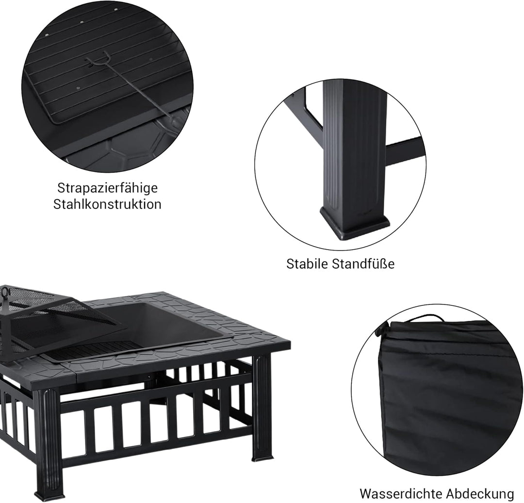 M MCombo Feuerschale mit Grillrost & Funkenschutz, Feuerkorb mit Schürhaken, Feuerstelle für Garten,