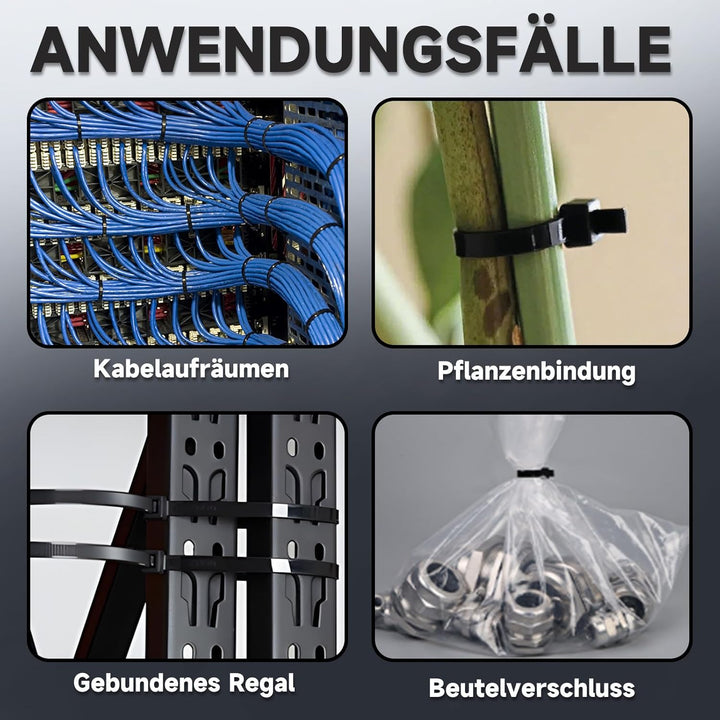 ZENIX Kabelbinder Schwarz 4.8mm x 200mm, 1100 Stück Kabelbinder UV Beständig lang, Schwarze Binder m