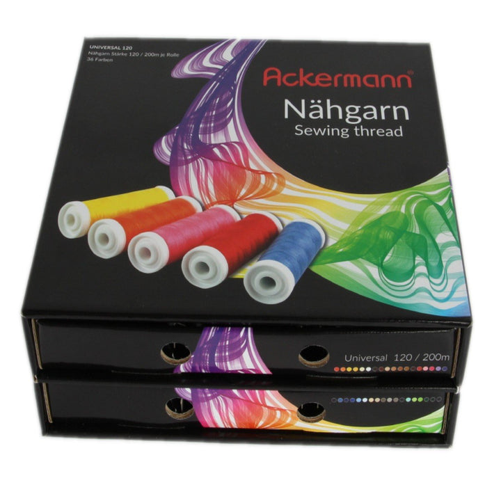 Ackermann 36 Farben x 200m UNIVERSAL 120 NÄHGARN (Allesnäher) in handlicher Box UNIVERSAL 120 Nähgar