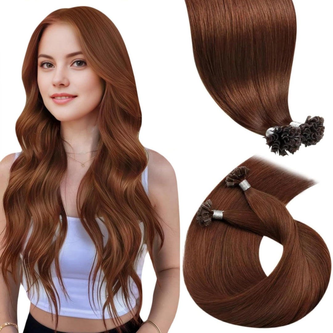 LaaVoo Rot Extensions Echthaar Bondings 60 cm Echthaar Extensions Mit Keratin Bondings Rotbraun Utip