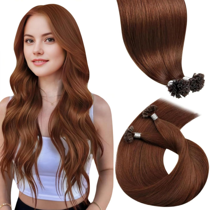 LaaVoo Rot Extensions Echthaar Bondings 60 cm Echthaar Extensions Mit Keratin Bondings Rotbraun Utip
