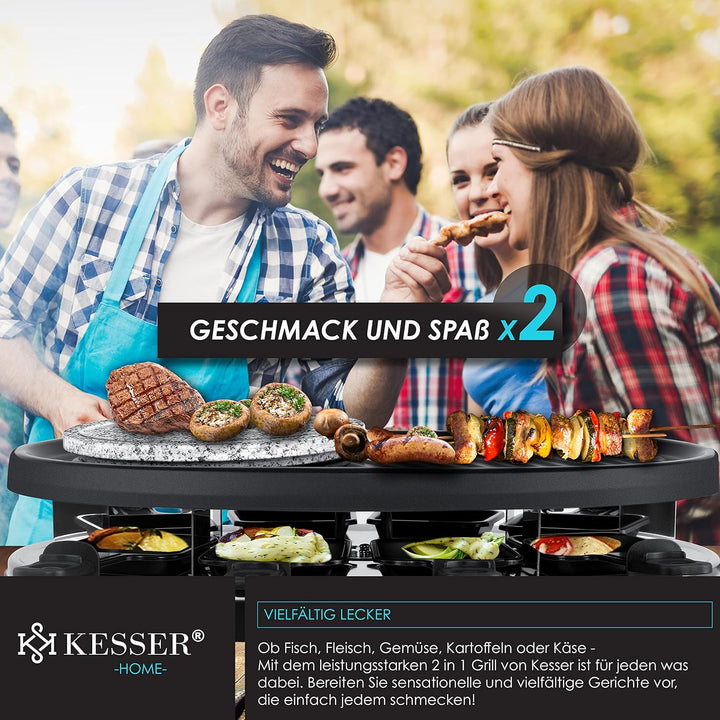 KESSER® 3in1 Raclette-Grill mit Naturgrillstein, Grillplatte und Fondue, Tischgrill für 8 Personen,