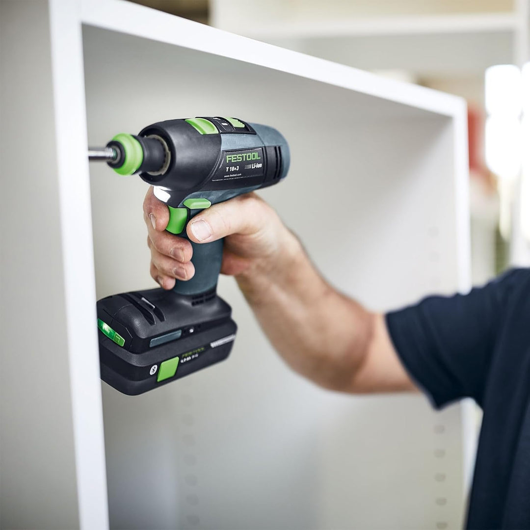 Festool Akku-Bohrschrauber T 18+3 HPC 4,0 I-Set (mit Akkupacks, Schnellladegerät, Werkzeugfutter, Sc