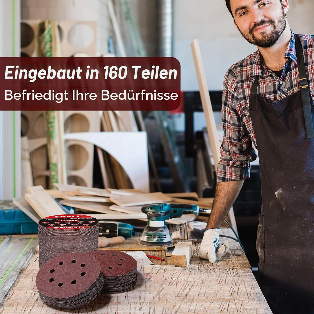 SHALL 160 Stück 125-mm-Schleifscheiben (Klettverschluss, 9 Typen, gemischte Körnung), 8-Loch, runde