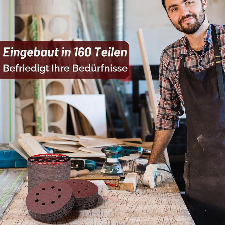 SHALL 160 Stück 125-mm-Schleifscheiben (Klettverschluss, 9 Typen, gemischte Körnung), 8-Loch, runde