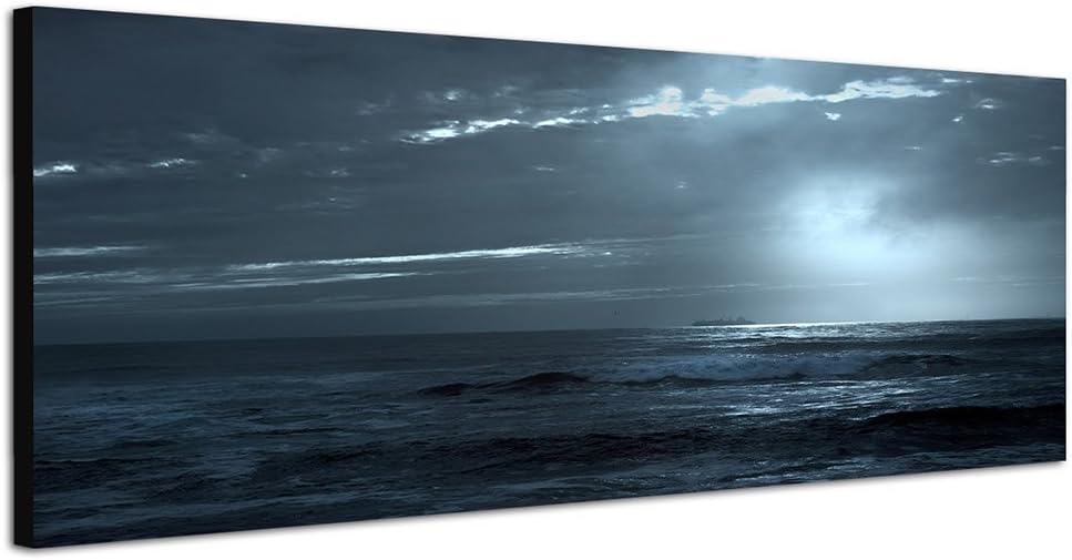 Paul Sinus Art Panoramabild auf Leinwand und Keilrahmen 150x50cm Meer Schiff Wolken Nacht Mondlicht