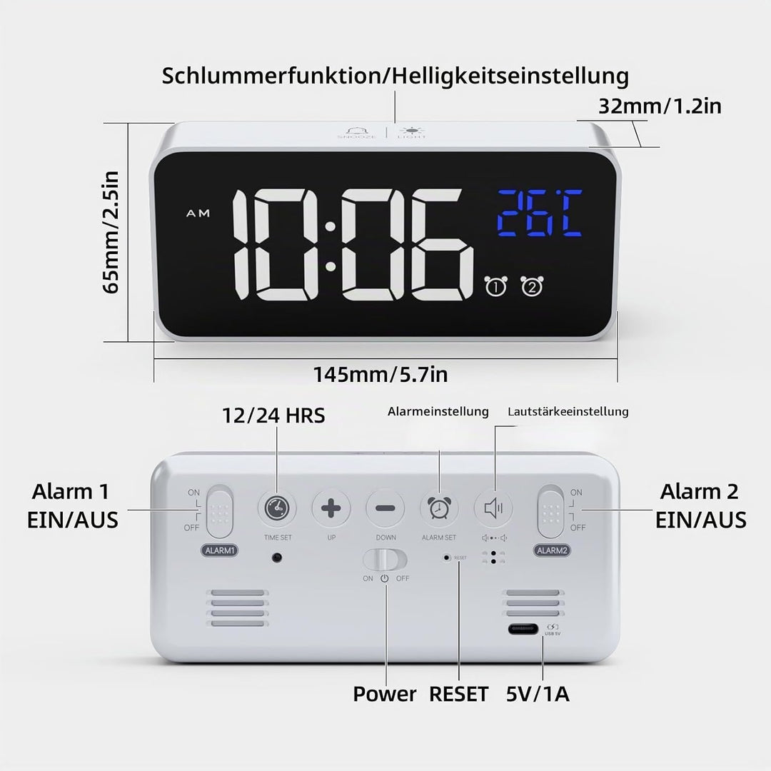 HOMVILLA Wecker, Wecker Digital mit Grosse LED Temperaturanzeige, Digitaler Wecker mit Dual Alarm, S