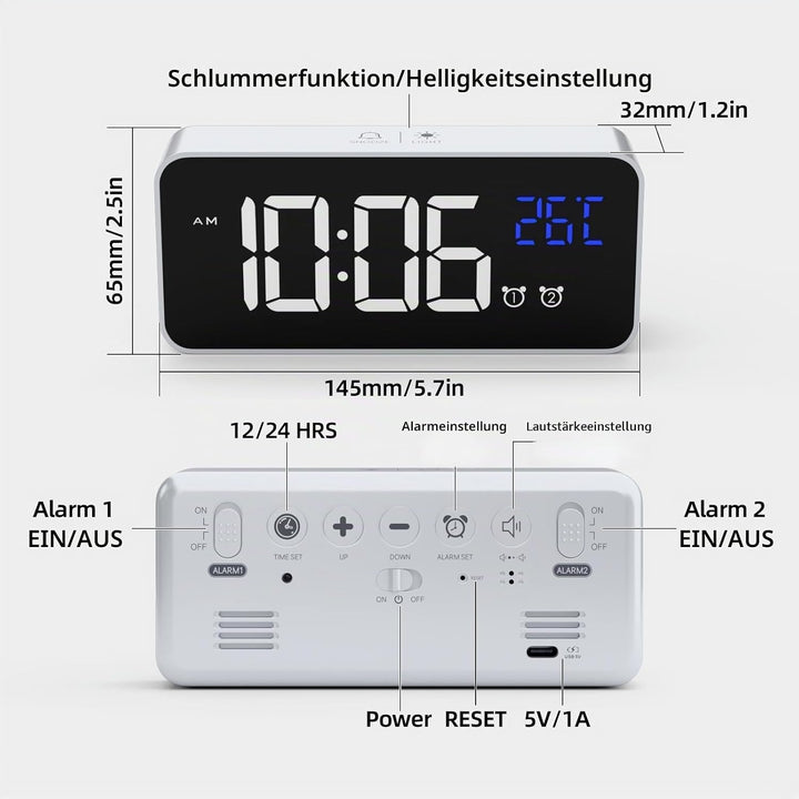 HOMVILLA Wecker, Wecker Digital mit Grosse LED Temperaturanzeige, Digitaler Wecker mit Dual Alarm, S