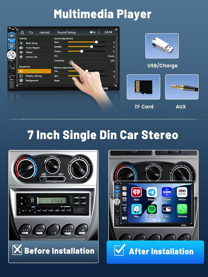 Hikity 7 Zoll Autoradio 1 Din Bluetooth mit Android Auto Wireless Carplay Auto Radio Touch Display m