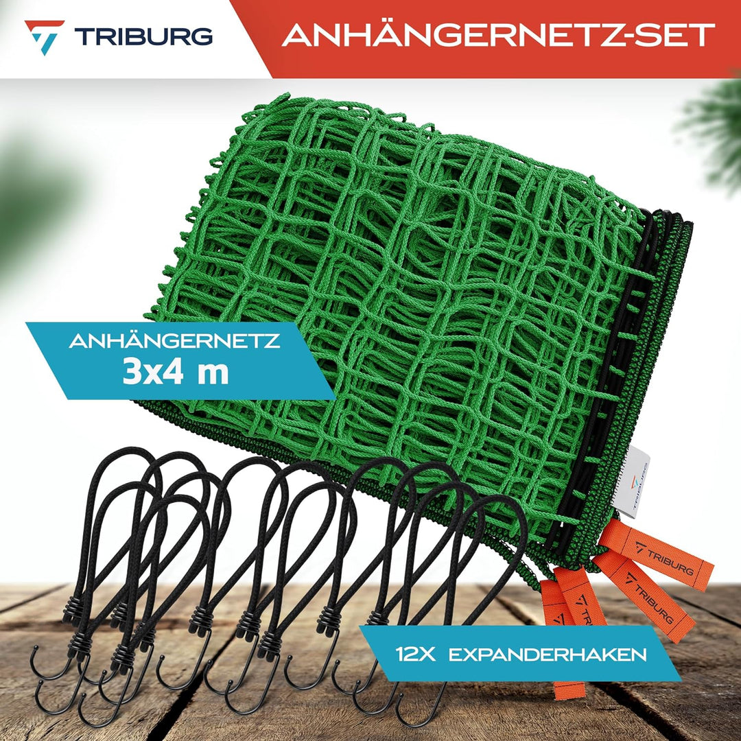 TRIBURG Anhängernetz 3x4 inkl. 12x Expander Haken - Anhänger Netz mit Eckmarkierungen und Randverstä