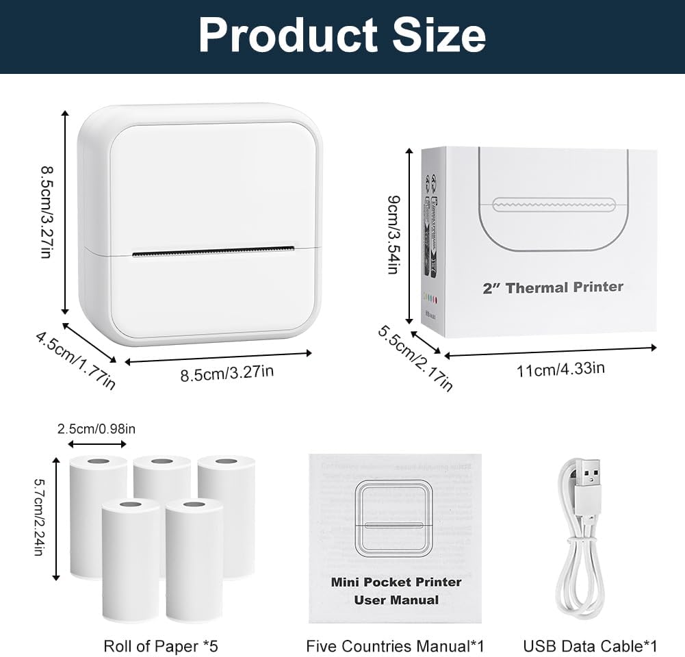 OFFCUP Mini Drucker Mini Fotodrucker mit 5 Papierrollen Tragbarer Mini Printer Thermodrucker Taschen