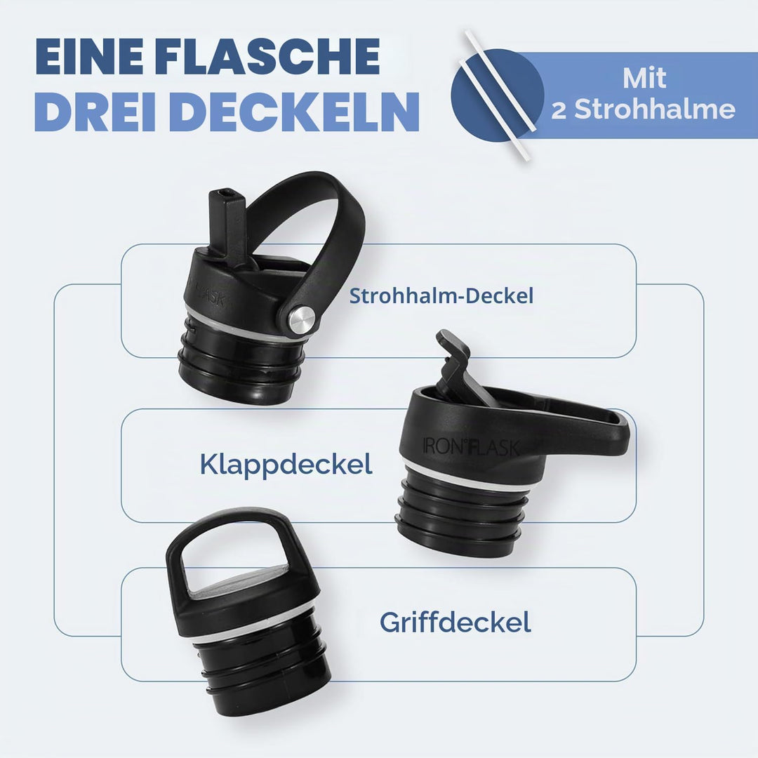 IRON °FLASK Sport-Trinkflasche - 680 ml, 3 Deckel (Strohhalmdeckel) - auslaufsicher, langlebig, dopp