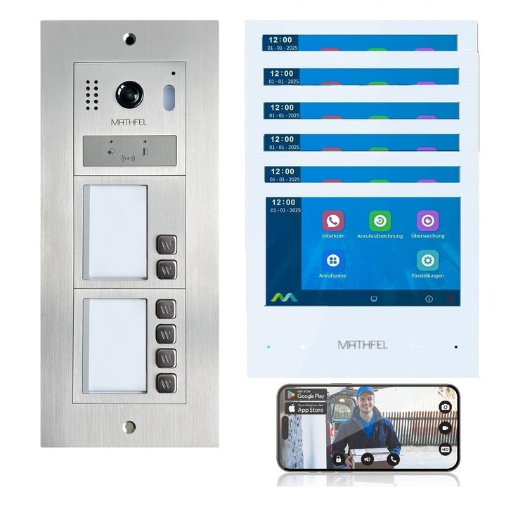 MATHFEL 2-Draht-IP WLAN Video-Türsprechanlage mit RFID und 2 Jahren Garantie – Komplettset für 6-Fam