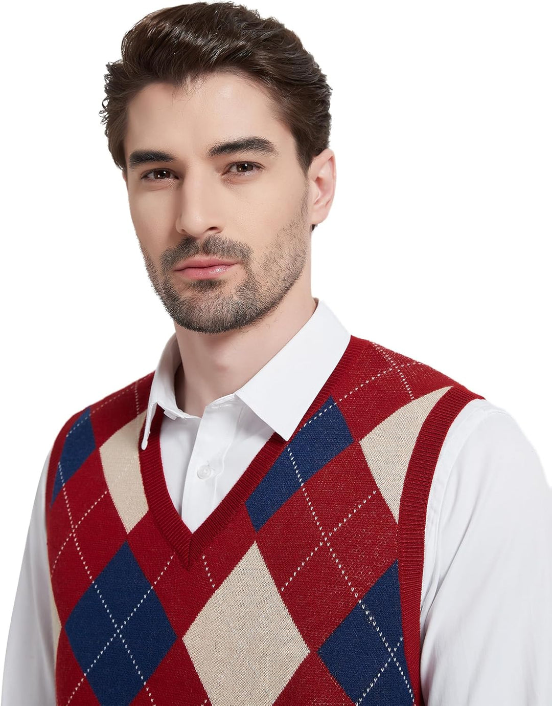 Kallspin Herren Argyle Gestrickt Ärmellos Pullover Wollmischung V-Ausschnitt Strickwesten M Burgunde