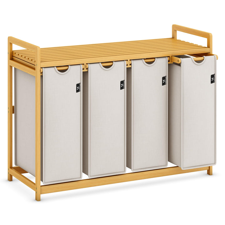 AdelDream Wäschekorb 200L, 4 Fächer Wäschesammler mit Ablage, Bambusrahmen | Wäschesortierer mit 4 x