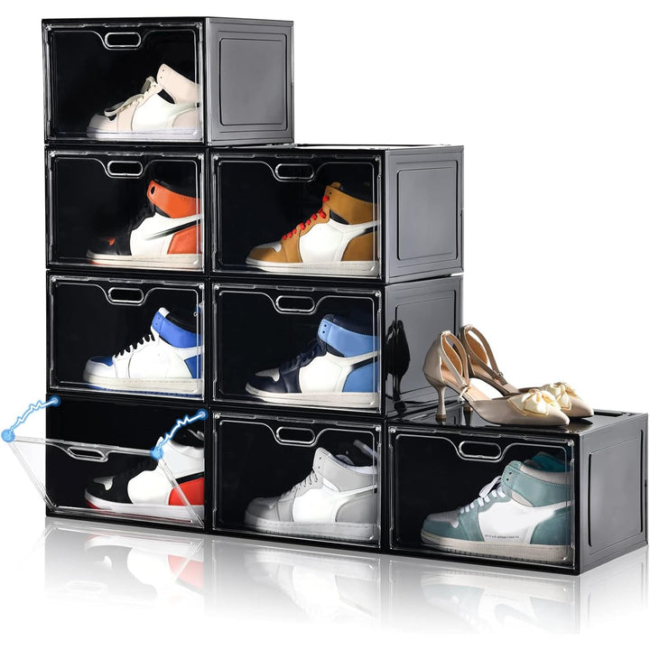 8 Stück Schuhboxen aus schwarzem Kunststoff, stapelbar, grosser Schuh-Organizer mit Deckel, Sneaker-