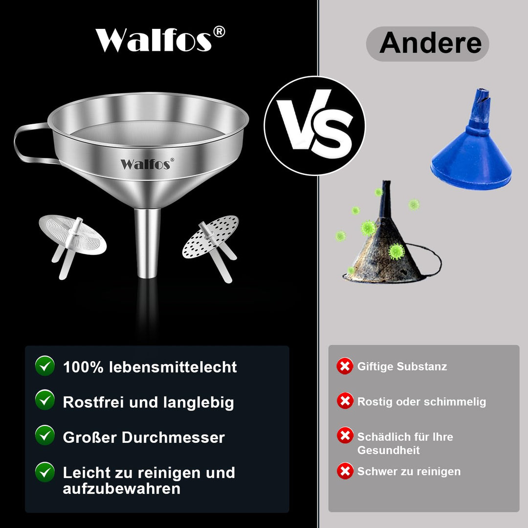 Walfos Trichter Edelstahl Gross 20cm, KüChentrichter Mit 2 Abnehmbaren Sieben ＆ 1 StüCk Reinigungsbü
