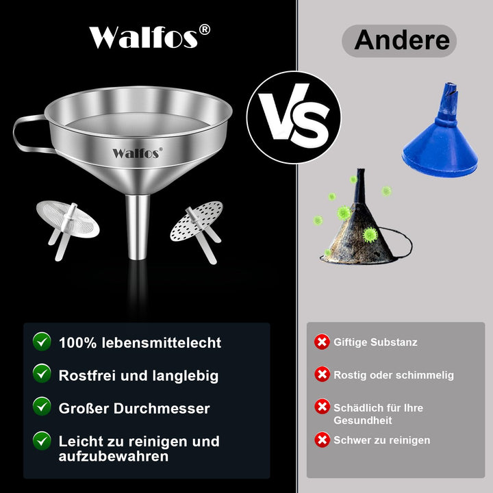 Walfos Trichter Edelstahl Gross 20cm, KüChentrichter Mit 2 Abnehmbaren Sieben ＆ 1 StüCk Reinigungsbü