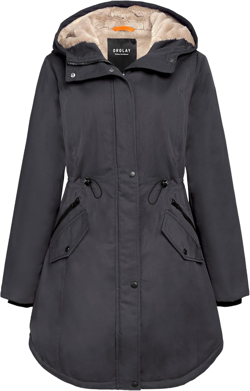 Orolay Damen Kapuzen Fleece Gefüttert Parka-Mantel Mittlere Länge Winter Draussen Gepolstert Jacke X