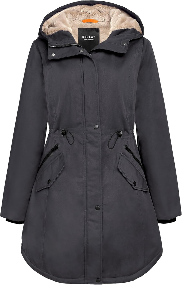 Orolay Damen Kapuzen Fleece Gefüttert Parka-Mantel Mittlere Länge Winter Draussen Gepolstert Jacke X