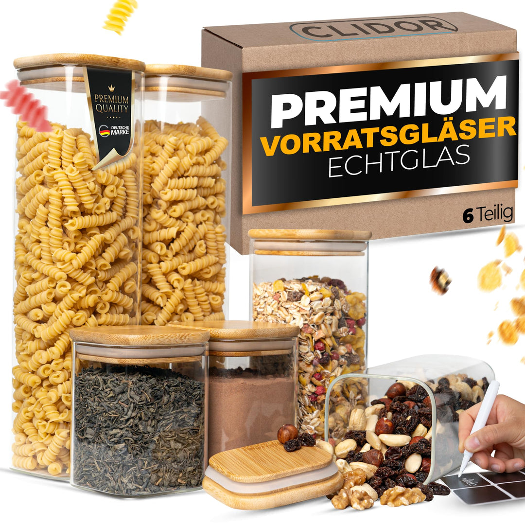 CLIDOR ® Vorratsgläser mit Deckel, Eckig - 6er Set - Extra dickes Glas - Vorratsdosen mit Deckel luf
