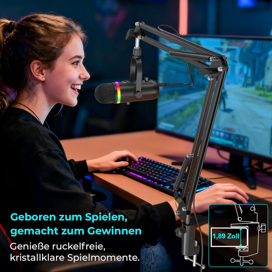 zealsound Podcast Mikrofon mit Arm -RGB Rauschunterdrückung Gaming Kondensatormikrofon für PC &amp; Hand