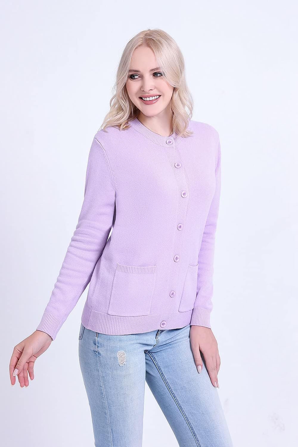 SMILING PINKER Damen Strickjacke Langarm Cardigan Warm Rundhals Strickweste Jacke mit Knopfleiste un