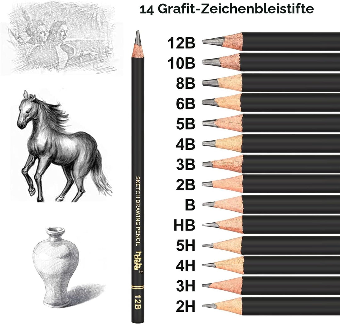 hhhouu Farbige Kohlestiften Set,Professionelle Skizze Stift Werkzeuge mit Papierwischer, Knetbarer K