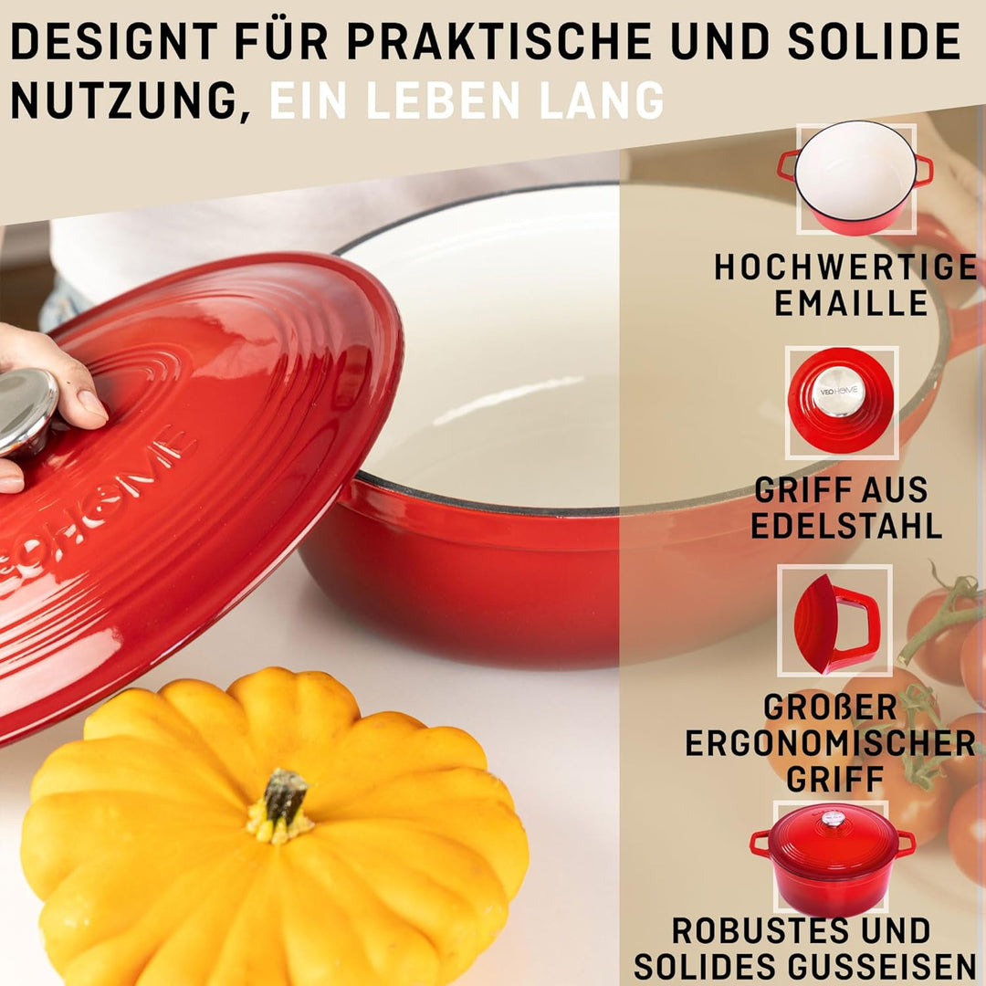 VeoHome Gusseisentopf 6L Ovale Rot| Bräter | Gusseisen Topf Grün - Schmortopf |Bratentopf | Bratpfan