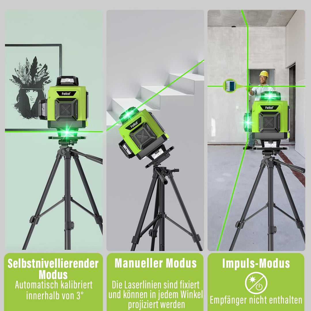 Kreuzlinienlaser, FELLAT 4x360° kreuzlinienlaser grün, Kreuzlinienlaser Selbstnivellierend Linienlas