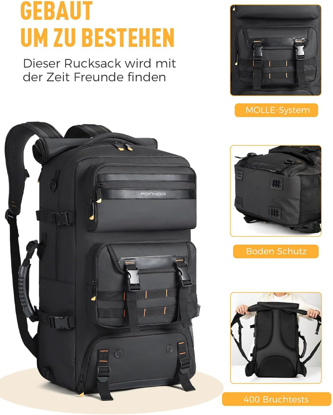 Ponhog Travel Backpack for Men - 50L Convertible Duffle Bag with Shoe Compartment, Carry On Laptop B