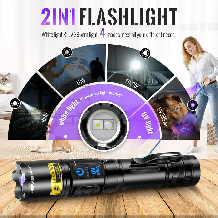 DARKBEAM UV Taschenlampe Schwarzlicht 395nm, LED Taschenlampen USB Aufladbar Superhell Fokus einstel