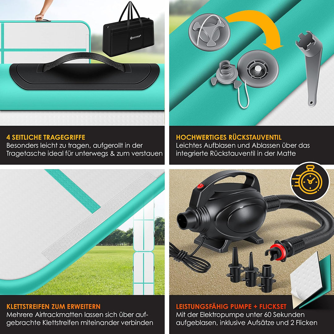 KESSER® Turnmatte Aufblasbar Airtrack Fitness-Matte Gymnastikmatte | inkl. Tragetasche & elektr. Luf