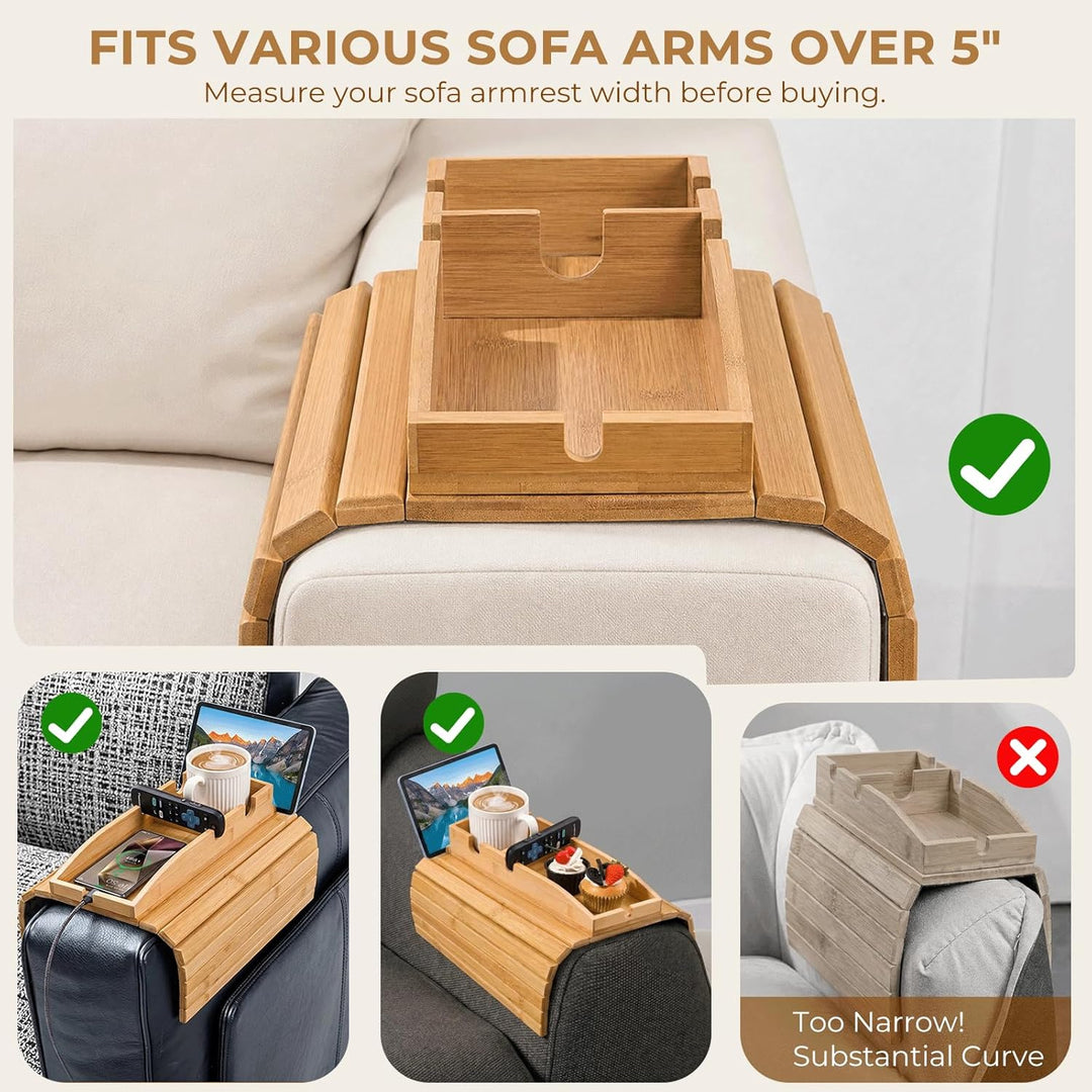 Sofatablett 2-in-1, Bambus Sofa Armlehnen Tablett mit Getränkehalter und Tablet Ständer, Faltbarer C