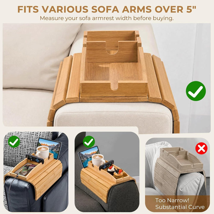 Sofatablett 2-in-1, Bambus Sofa Armlehnen Tablett mit Getränkehalter und Tablet Ständer, Faltbarer C