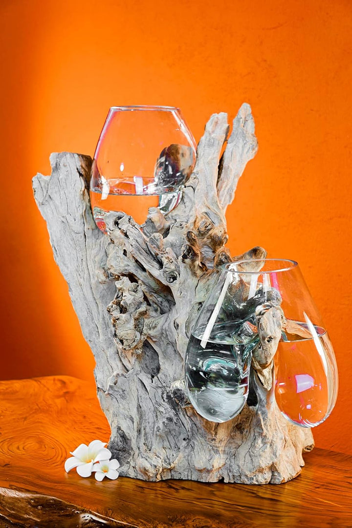 Geschmolzenes Glas auf Wurzelholz - Glasschale auf Wurzel - Teak Holz mit Glasvase oder Schale (2 Gl