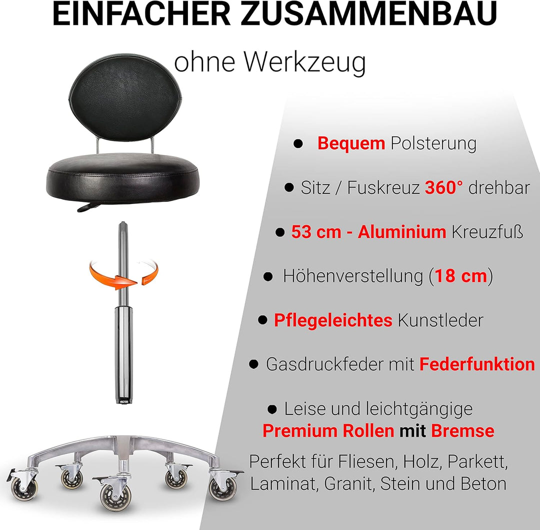 Staboos Rollhocker bis 160 kg - Premium Sitz rund mit Lehne und Fussstütze - Praxishocker (Premium R