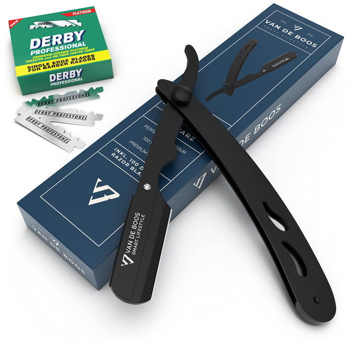 Van De Boos® Rasiermesser-Set mit 100 Derby Wechselklingen - Hochwertiges Edelstahl Barber Bartmesse