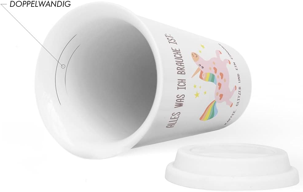 JUNIWORDS To-Go Becher mit Deckel, Alles was ich brauche ist: Kaffee, Glitzer und ein Einhorn
