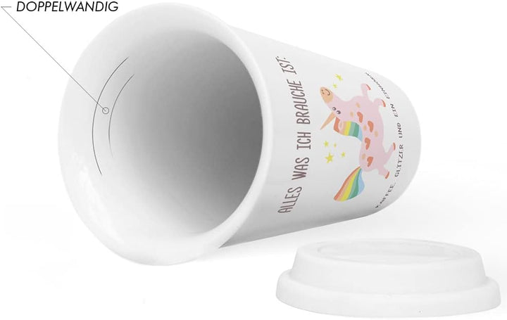 JUNIWORDS To-Go Becher mit Deckel, Alles was ich brauche ist: Kaffee, Glitzer und ein Einhorn