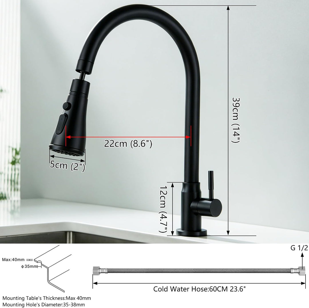 Kaltwasser-Wasserhahn, SUS304 Edelstahl für Küchenspüle, hoher Bogen, Einhandgriff, nur Kaltwasserha