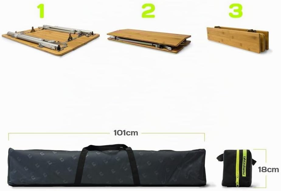 XXL Design Campingtisch mit Bambus-Tischplatte inkl Aufbewahrungsnetz und integriertem Flaschenöffne