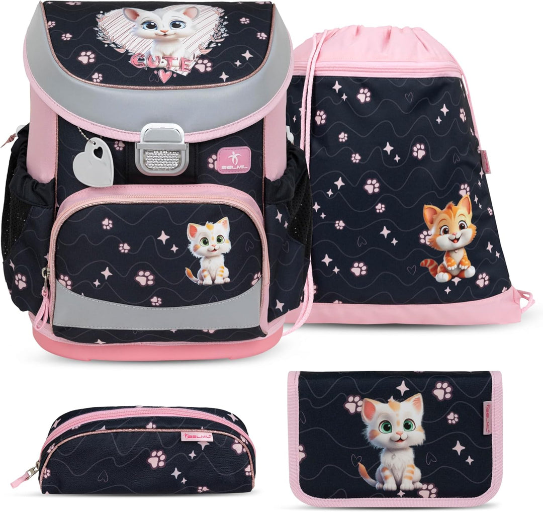 Belmil Mini-Fit Schulranzen Set 4 -teilig (405-33/AG/S) (Cute Kitten), Cute Kitten