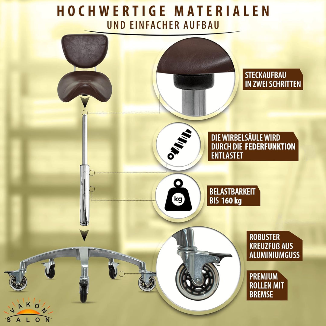 Premium Sattelhocker braun mit Bremse und Lehne, Sattelstuhl für Rückenentlastung, Rollhocker höhenv