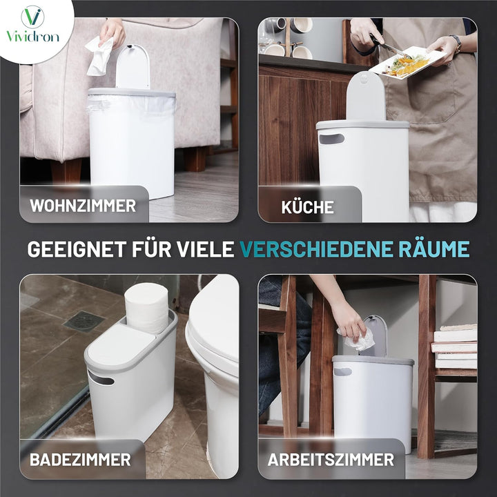 Kleiner Mülleimer mit Deckel 10L, schmaler Abfalleimer mit Pressfunktion, für Bad, Küche und Schlafz