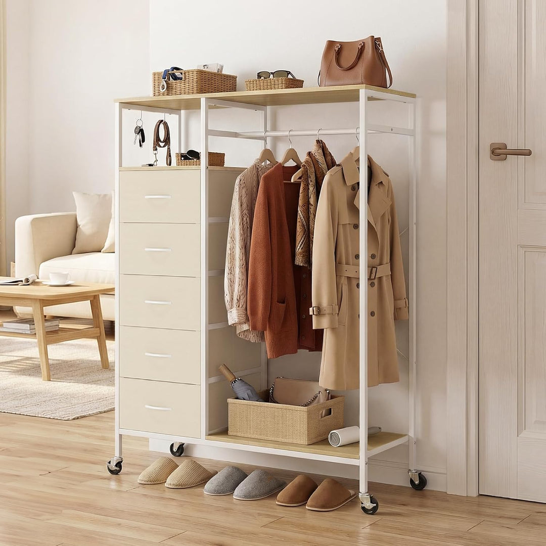 HOKEEPER Kleiderständer auf Rollen | Kleiderstange, Kleiderschrank, Clothes Rack, 4 Rollen, 2 festst
