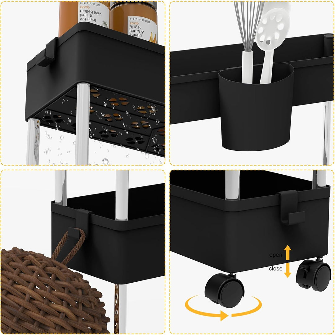 HUOLE Aufbewahrungswagen mit Rollen, Beistellwagen mit Haken, für Küche, Badezimmer, 86 x 12,5 x 40