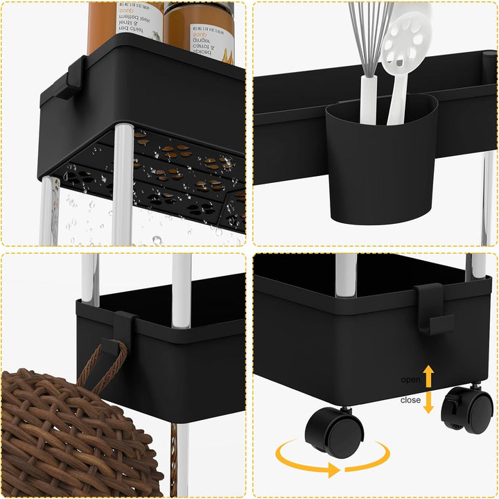 HUOLE Aufbewahrungswagen mit Rollen, Beistellwagen mit Haken, für Küche, Badezimmer, 86 x 12,5 x 40