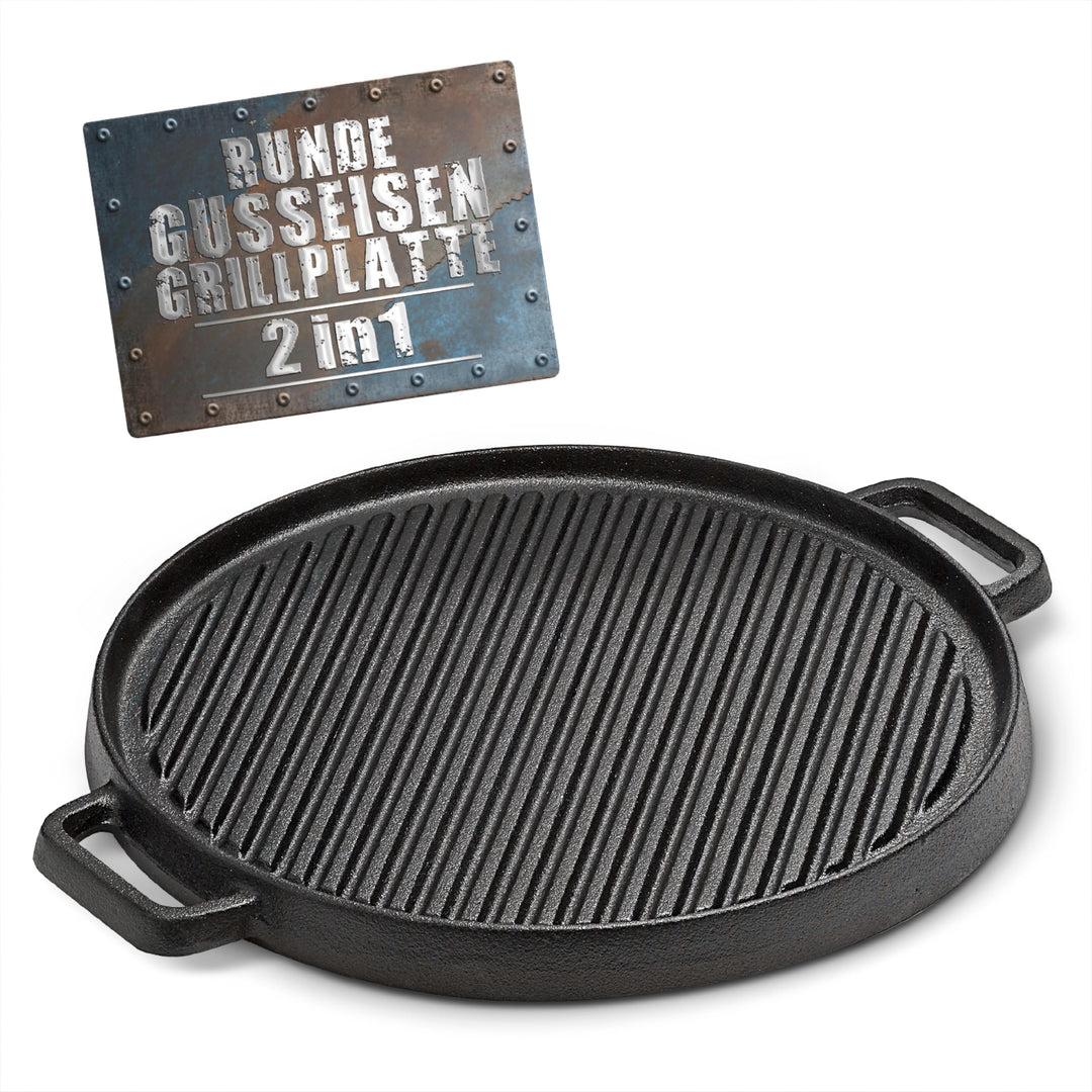 BBQ BOSS Gusseisen Grillplatte [2 in 1] Grillrost – Grillplatte rund – Platte für den Grill – wendba